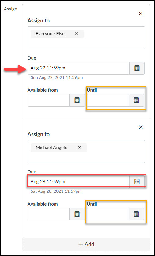 Screen image showing the Assign to box with different due dates.