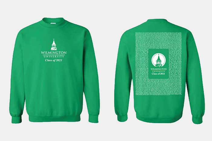 Front and back view of green WilmU hoodie product.