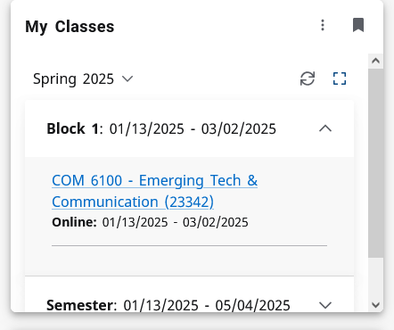 Screen shot of the My Classes card with the Block 1 part of term expanded to show Block 1 classes