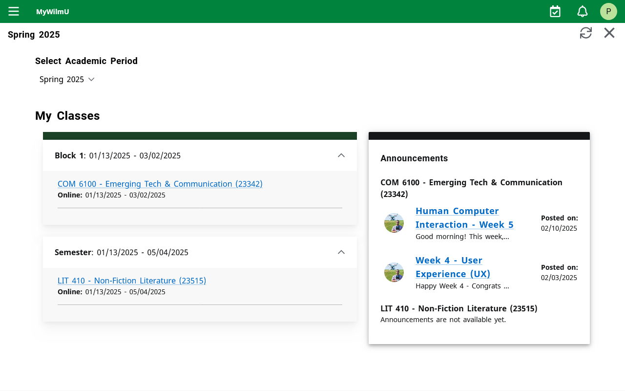Screen shot of the The My Classes page