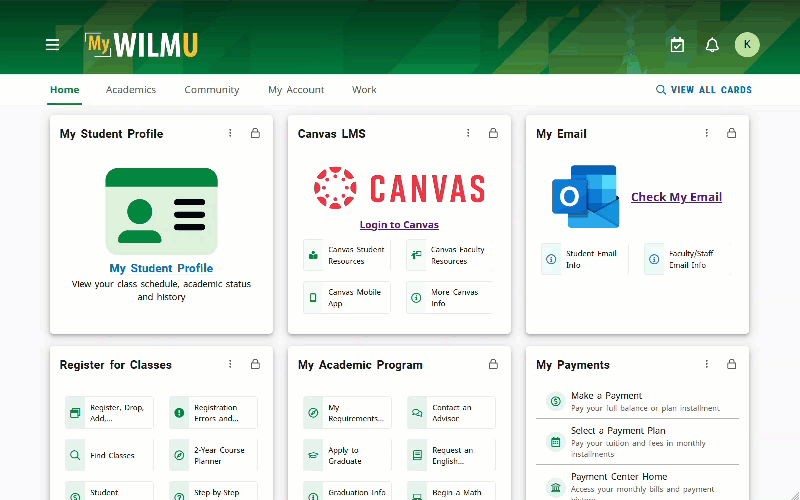 MyWilmU View All Cards and Search features
