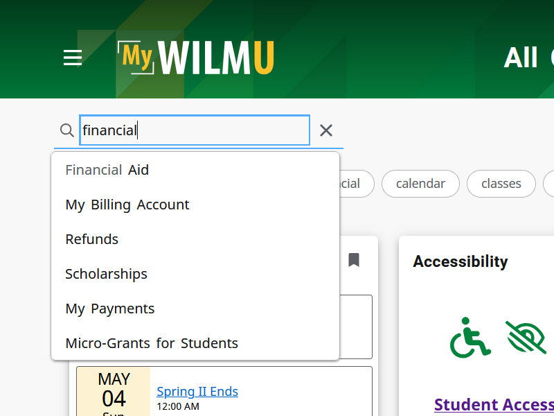 Search feature showing pop-up results when entering the word financial