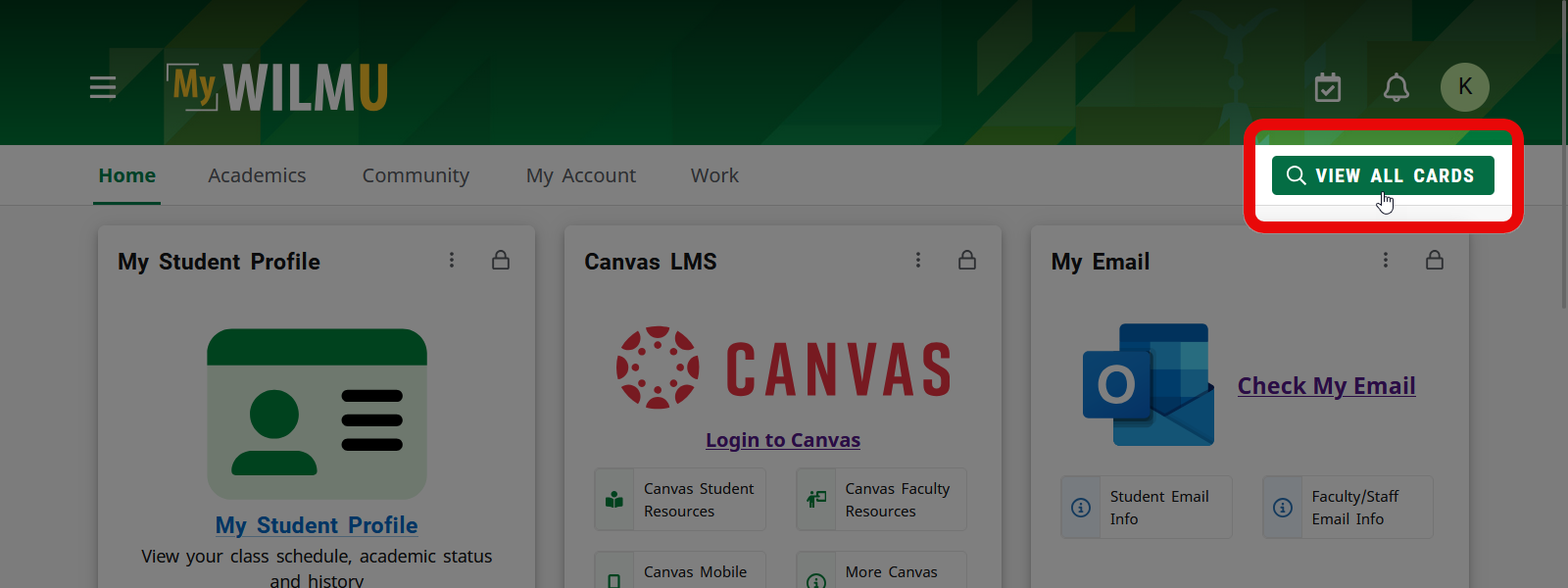 the view all cards button in the tab bar